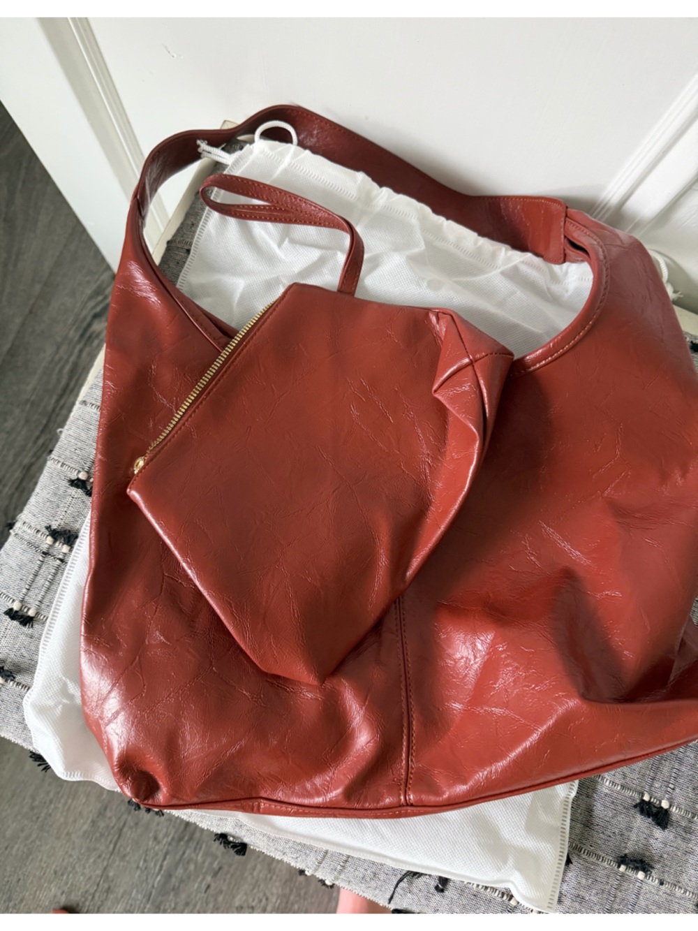 Dark copper distressed vegan leather tote